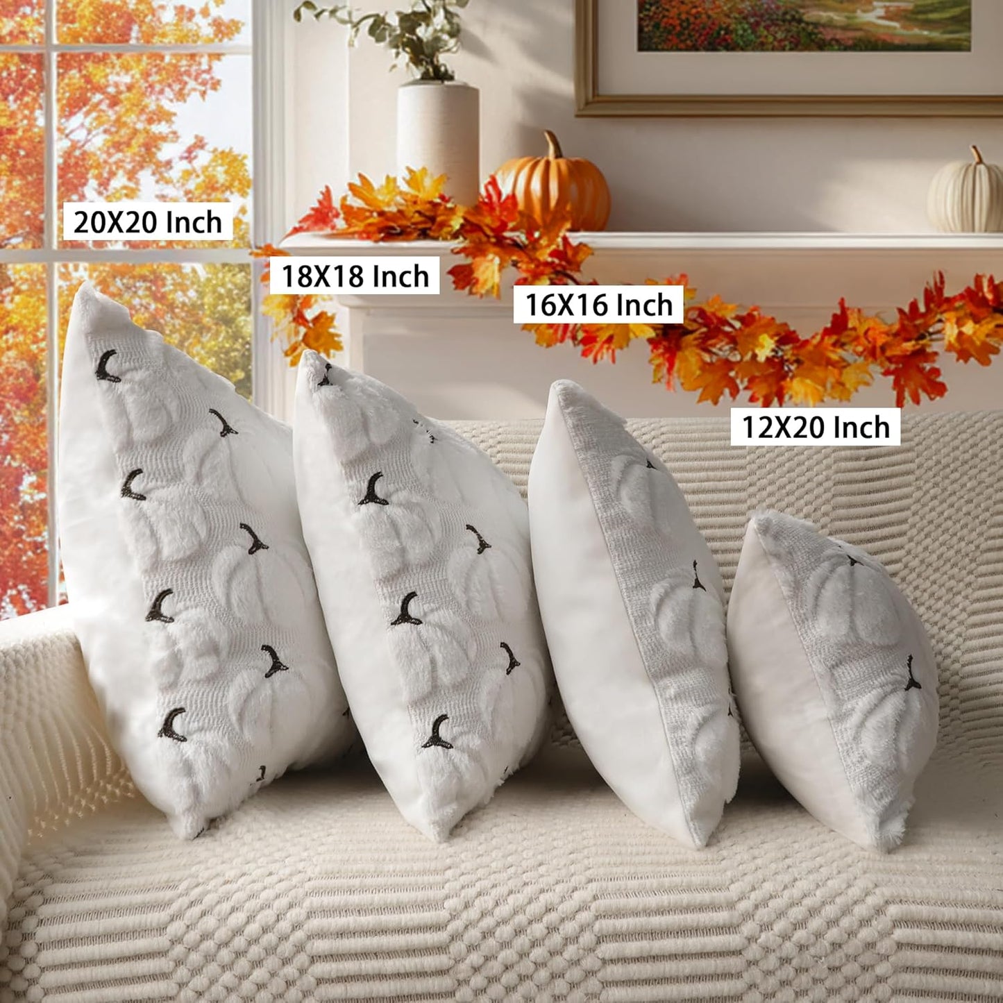 4TH Emotion Fall Pumpkins Decorative Lumbar Pillow Covers 12x20 Set of 2, White Soft Plush Faux Fur Wool Farmhouse Throw Cushion Cases for Autumn Thanksgiving Holiday Home Decorations