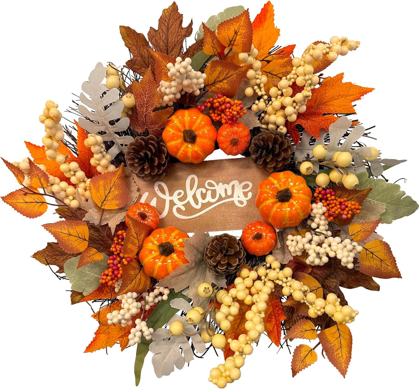 20 Inch Fall Wreaths for Front Door with Welcome Sign,Artificial Autumn Wreath with Sunflowers,Pumpkins,Berries and Leaves for Thanksgiving Harvest Farmhouse Home Decor Indoor Outdoor