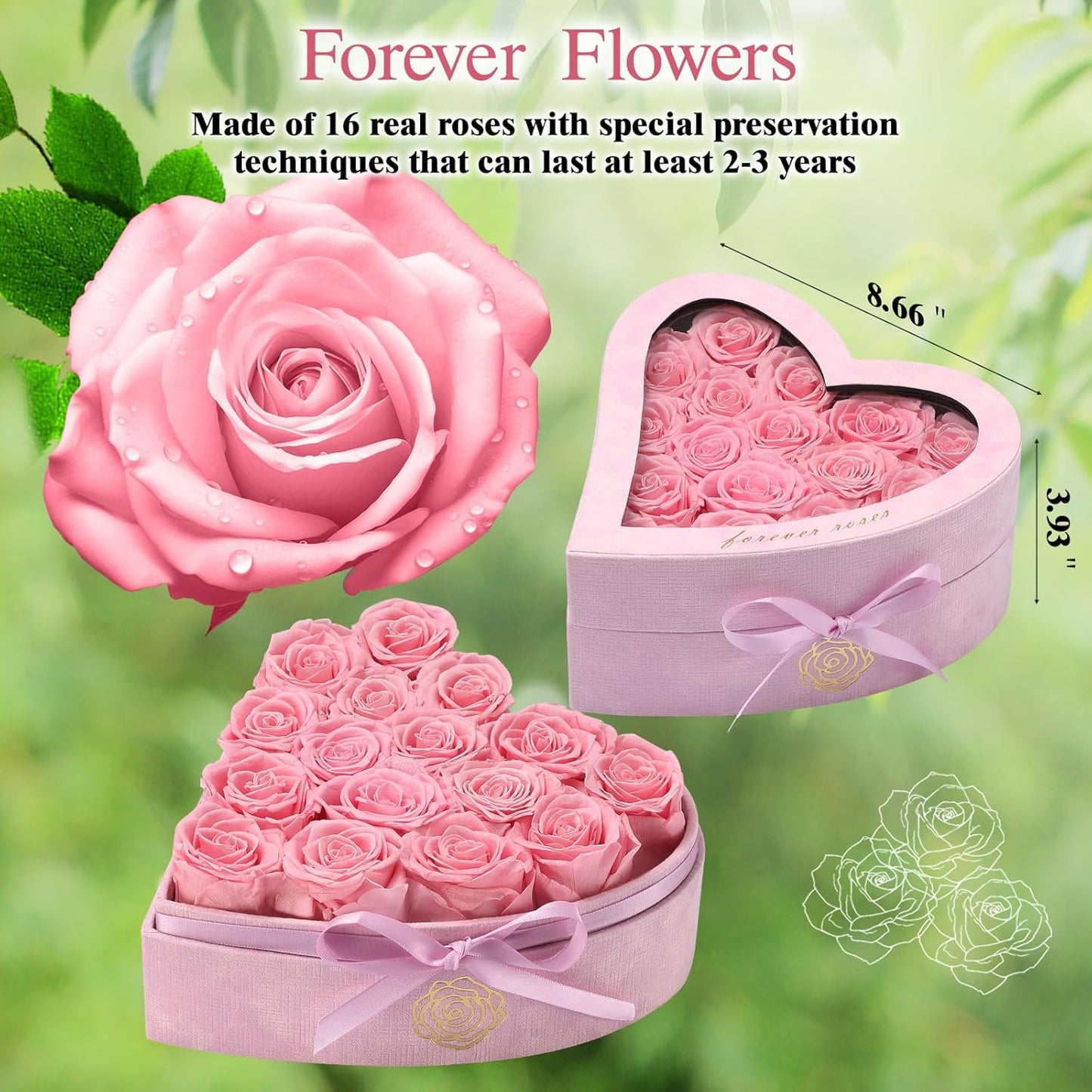 16 Forever Flowers in Heart Shaped Box - Preserved Roses Romantic Gifts for Her, Valentine’s Day, Anniversary, Wedding (Pink)