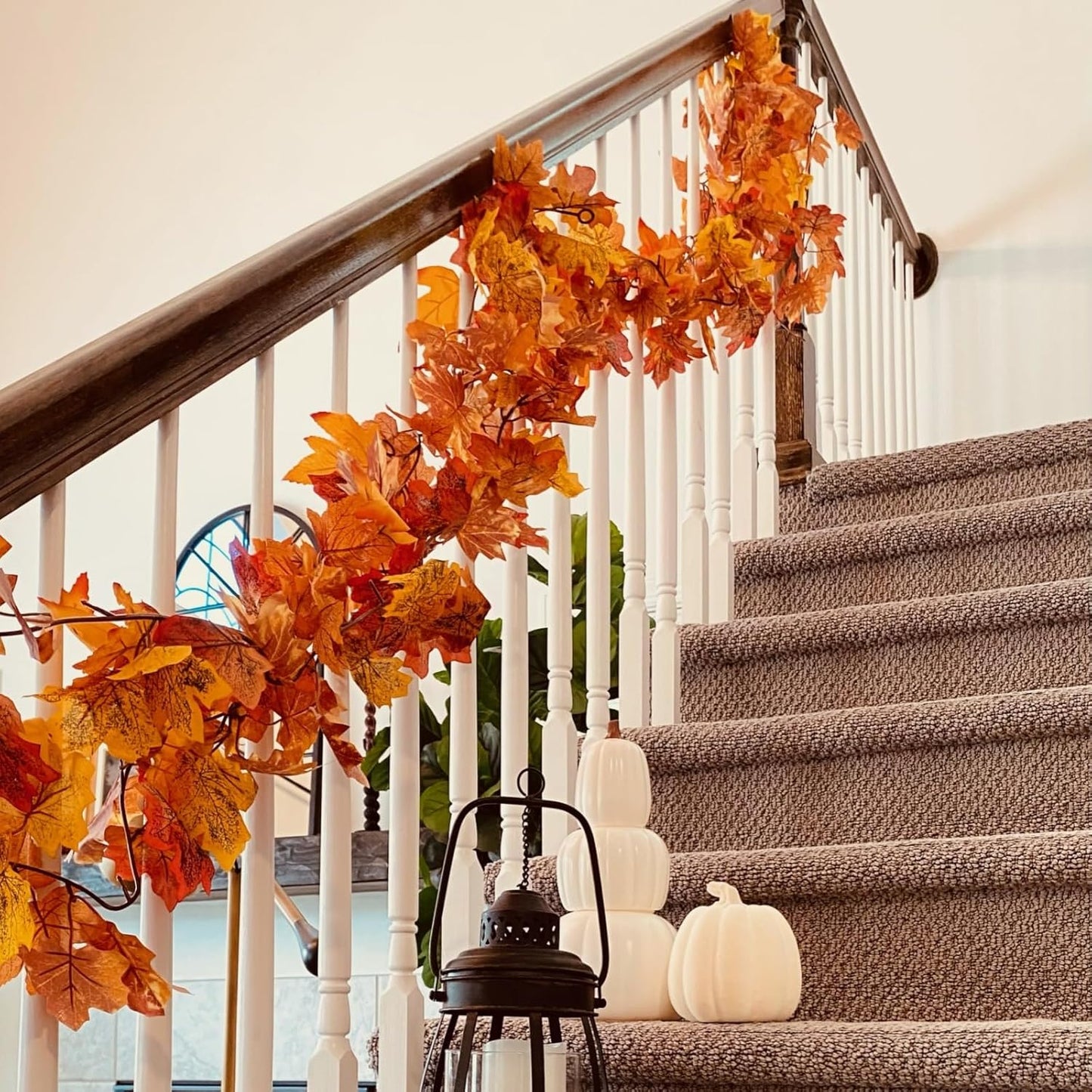 CQURE 8 Pack Fall Leaf Garland, Hanging Fall Vines Autumn Garland Artificial Maple Fall Leaves Thanksgiving Decor for Home Wedding Fireplace Party