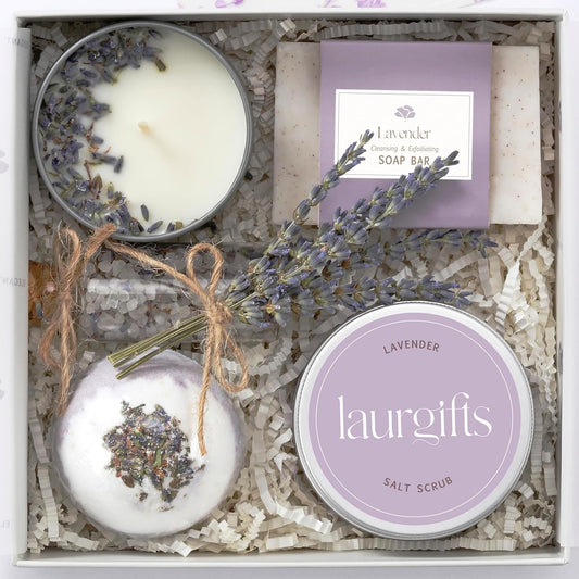 Lavender Spa Gift Baskets for Women – Scented Self Care Shower Essential - Elegant Kit for Mom, Wife, Sister, Friend - Body Bath Set - Aromatic Box for Occasions - Home Spa-Inspired