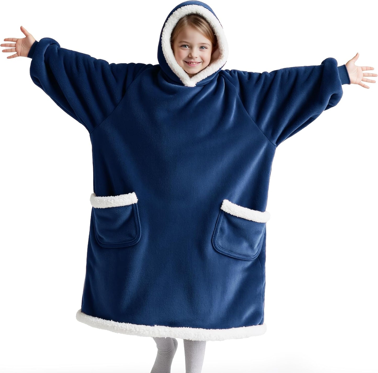 Bedsure Blanket Hoodie, Wearable Blanket for Adults & Kids as Gifts for Women Men, Birthday Gifts for Women Mom Girl Sherpa Oversized Hoodie, Navy, Kids