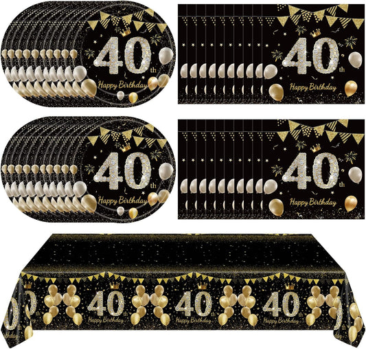 41Pcs 40th Birthday Decorations for Men Women, Black Gold 40 Year Old Birthday Party Supplies Include 20 Plates 20 Napkins and 1 Tablecloth, Black Gold 40 Aged Birth Party Tableware