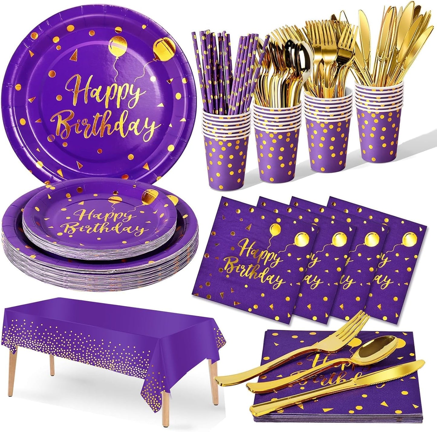 Birthday Party Tableware, 161 Pieces Purple Gold Party Supplies, Dinnerware Sets Include Paper Plates Napkins Cups Silverware, for Shower Engagement Parties Decoration -20 Serves