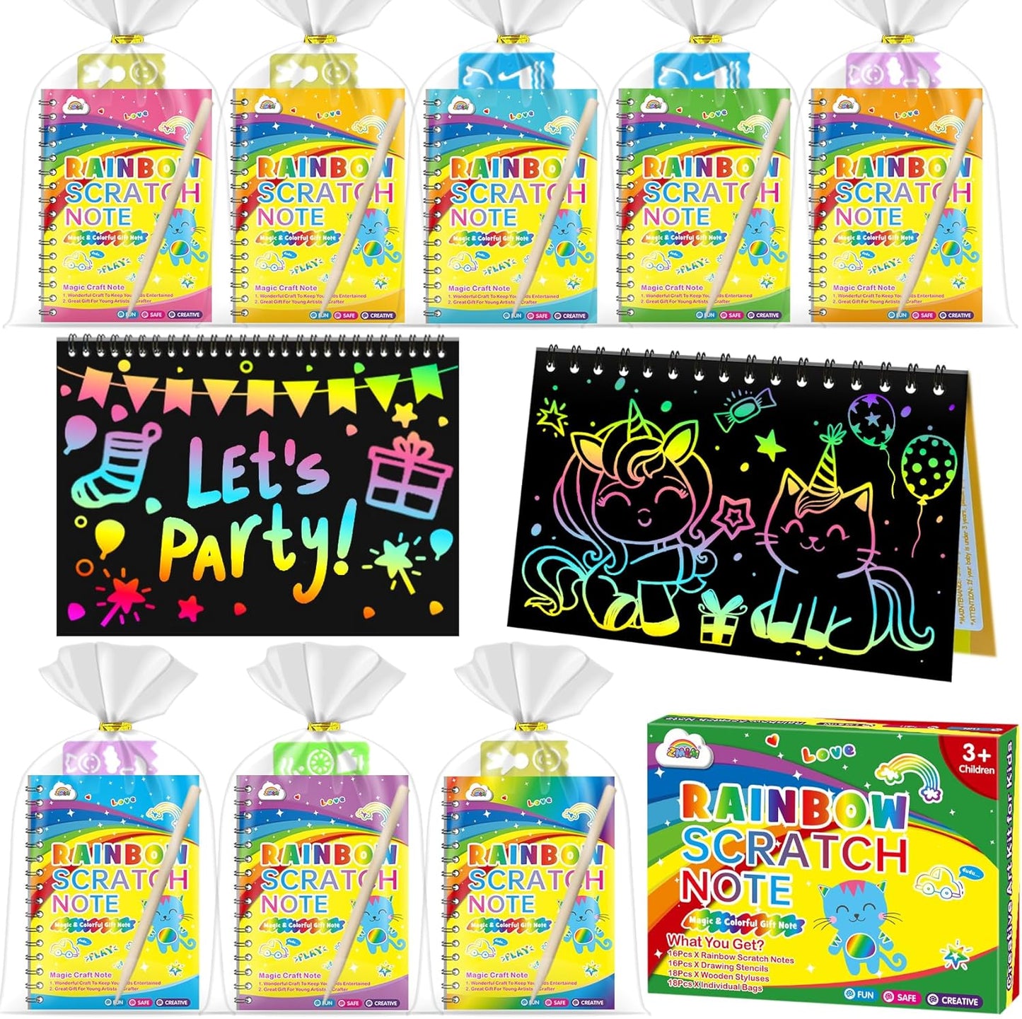 ZMLM Scratch Art Party Favors: 16 Pcs Birthday Gifts Goodie Bags Stuffers Rainbow Scratch Paper Craft Notebooks for Kids 4-8 Classroom Prize Students Back To School Supplies Toy Girls Boys Return Gift