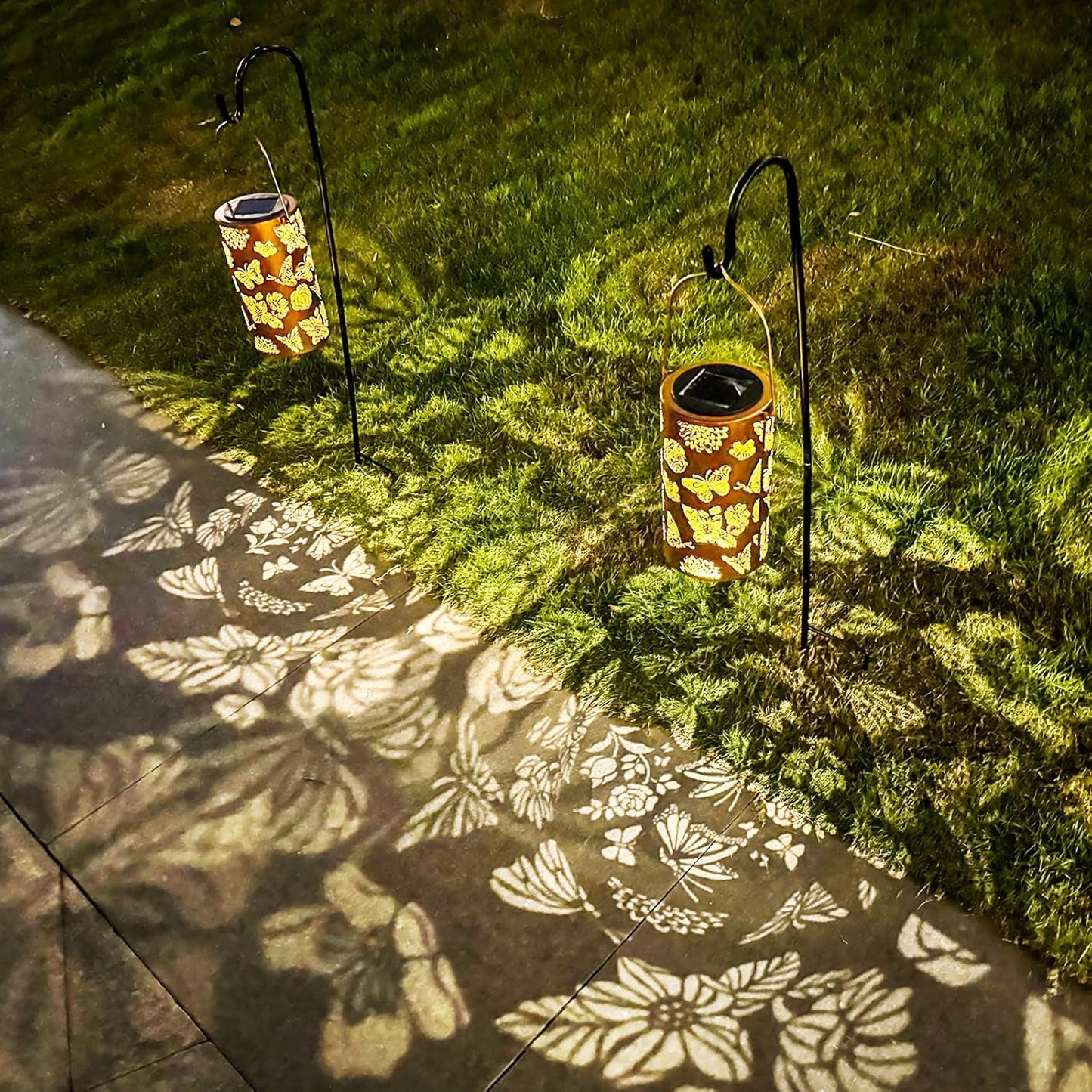 2 Pack Solar Lanterns Outdoor Waterproof Butterfly Birthday Gifts for Women Mom Grandma Garden Decor Flower Metal Hanging LED Decorative Light for Patio Yard Lawn Backyard Front Porch Gardening Gifts