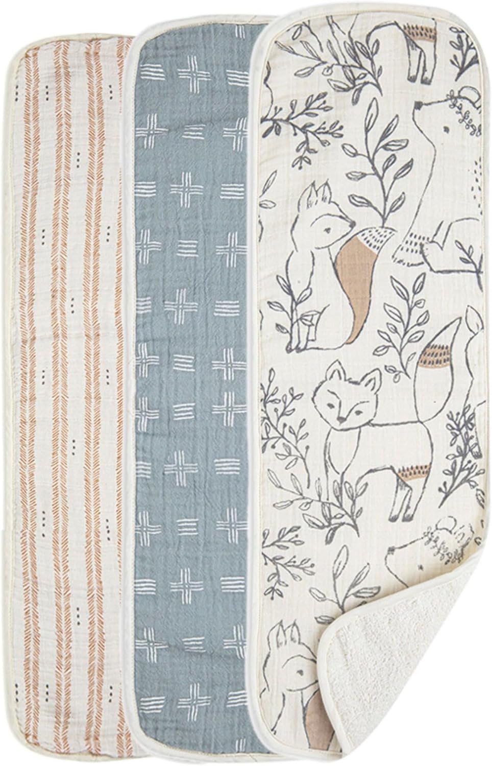 Crane Baby Muslin Burp Cloths Set, Woodland Animals, Gender Neutral Baby Gift, Absorbent Cotton Terry Backing, Machine Washable, 7" X 20"