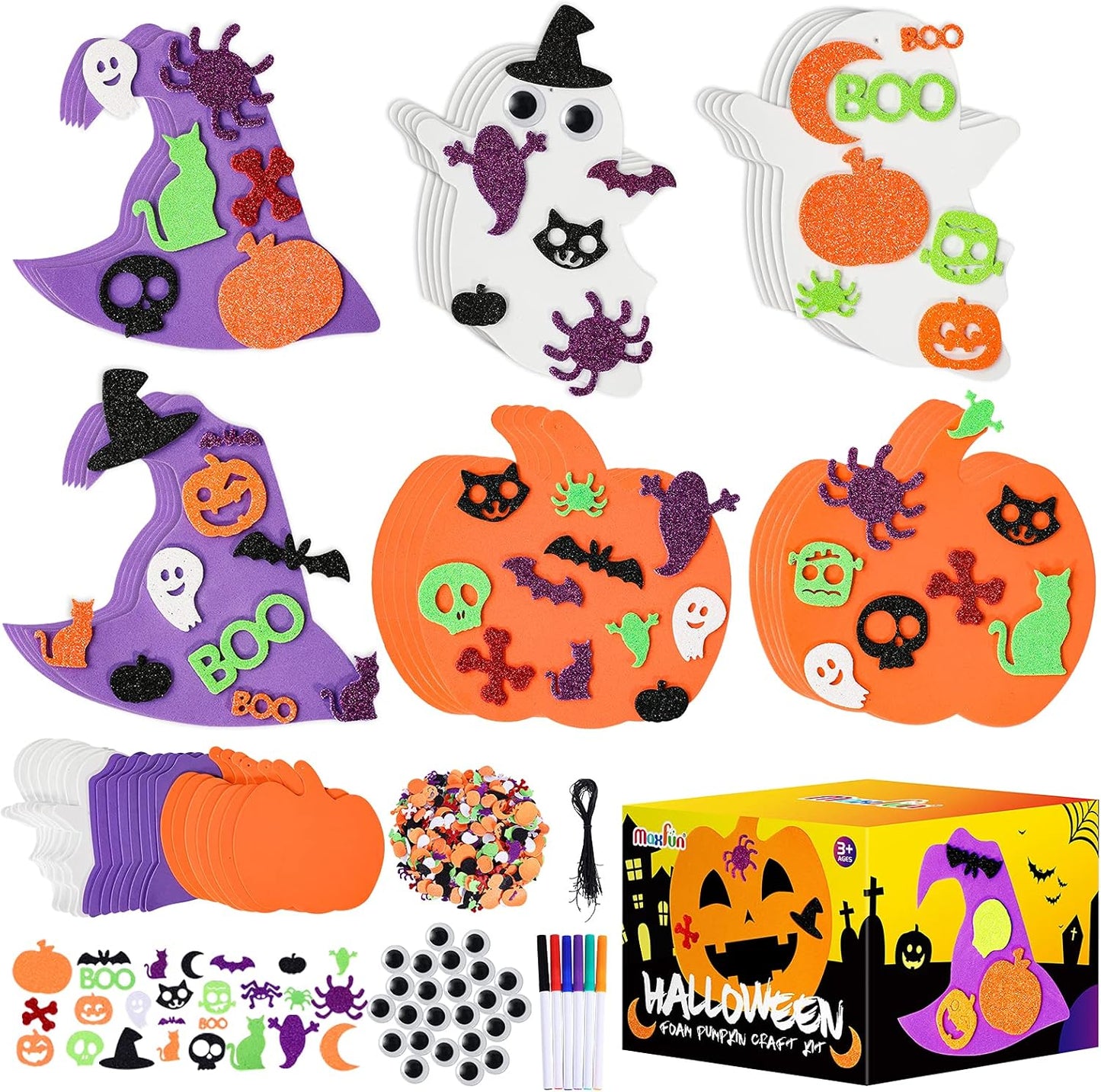 Max Fun 302PCS Halloween Crafts for Kids - Foam Pumpkins, Stickers, Ghost & Witch Hat Decorations for Kids Party Favors & Activities