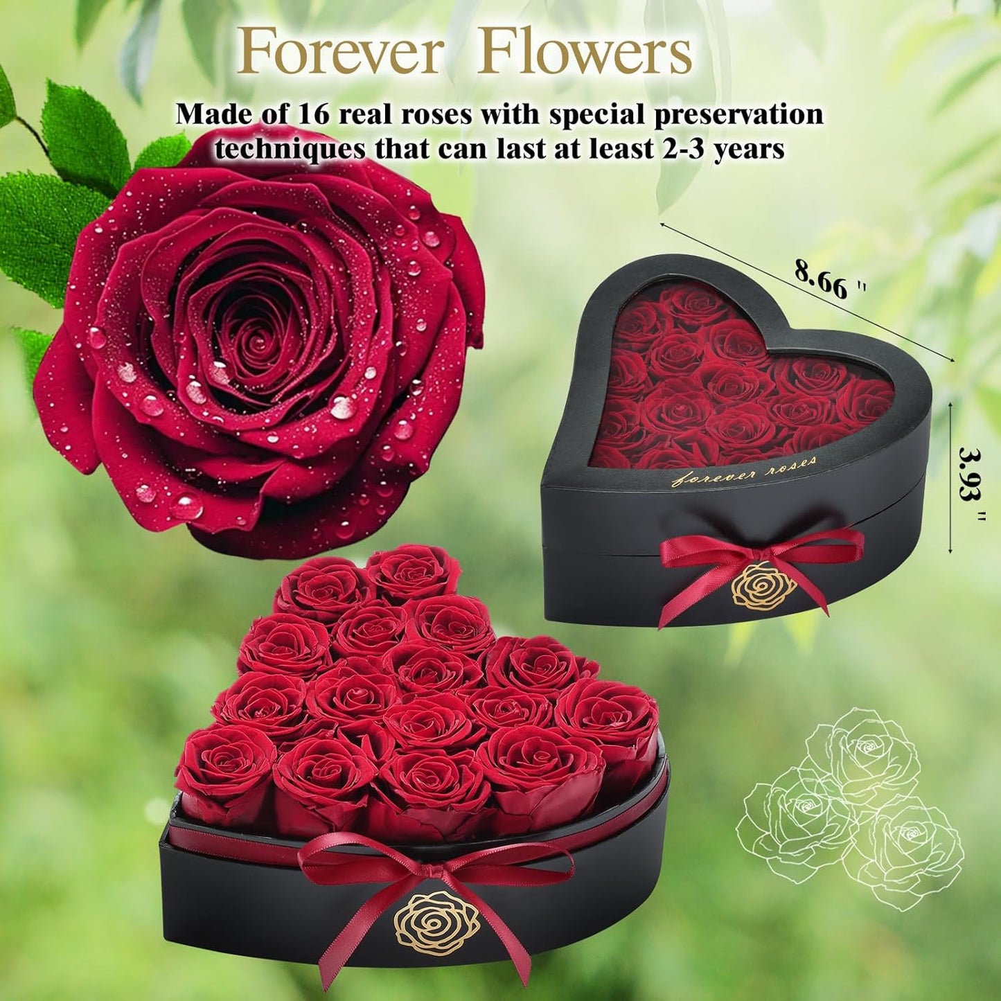16 Forever Flowers in Heart Shaped Box - Preserved Roses Romantic Gifts for Her, Valentine’s Day, Anniversary, Wedding (Wine)