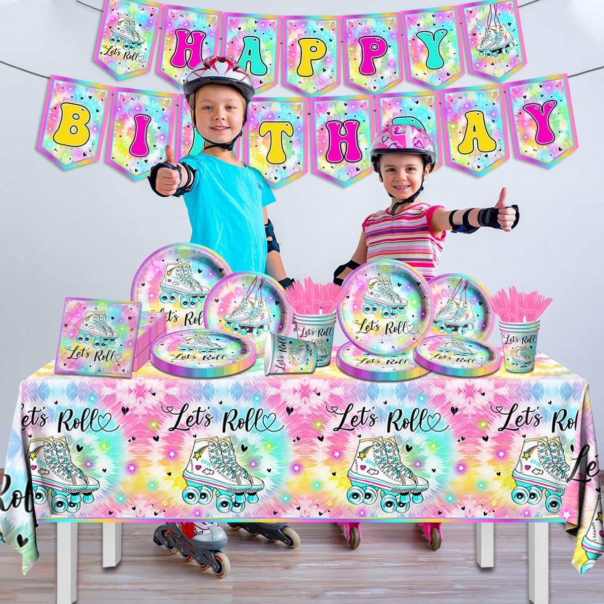 Roller Skating Party Supplies - 142Pcs Roller Skate Party Tableware Include Plates,Napkins,Cups,Banner,Tablecloth Let's Roll Birthday Decorations for Girl(20 Guests)