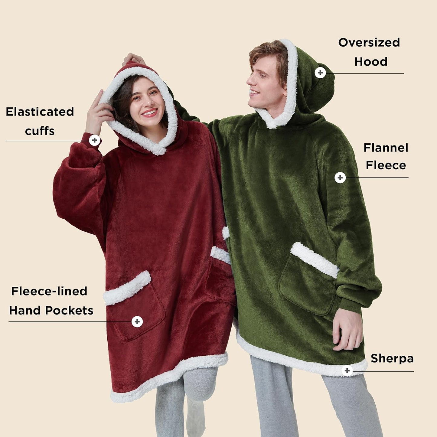 Bedsure Blanket Hoodie, Wearable Blanket for Adults & Kids as Gifts for Women Men, Birthday Gifts for Women Mom Girl Sherpa Oversized Hoodie, Olive Green, Small