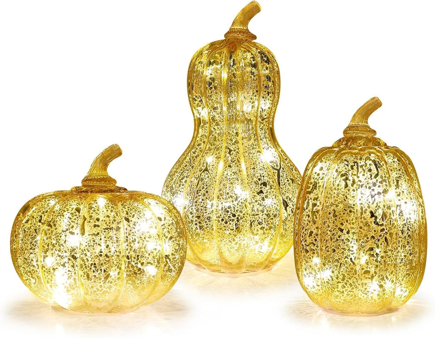 NEEDOMO Lighted Glass Pumpkin Decor, Set of 3 Gold Mercury Glass Pumpkins with Lights and Timer for Fall Thanksgiving Decorations, LED Collectible Figurines Fall Centerpiece for Tables Home