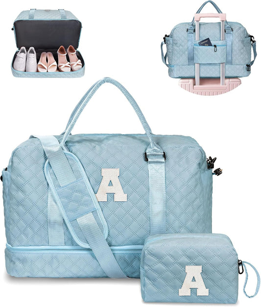 Gifts for Kids-Initial Duffle Bag with Shoe Compartment, Personalized Girls Weekender Bag, Monogram Overnight Bag for Women, Letter Travel Bag with Makeup Bag,Gift for Women Friend (Letter A)