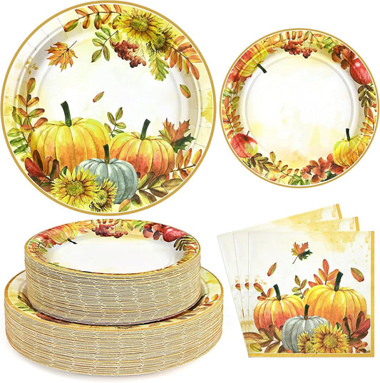 Homlouue 200 PCS Fall Paper Plates and Napkins, Thanksgiving Paper Plates and Napkins Sets, Pumpkin Plate for Fall Dinner Autumn Harvest Party Supplies, Thanksgiving Dessert Plate for Home Decorations