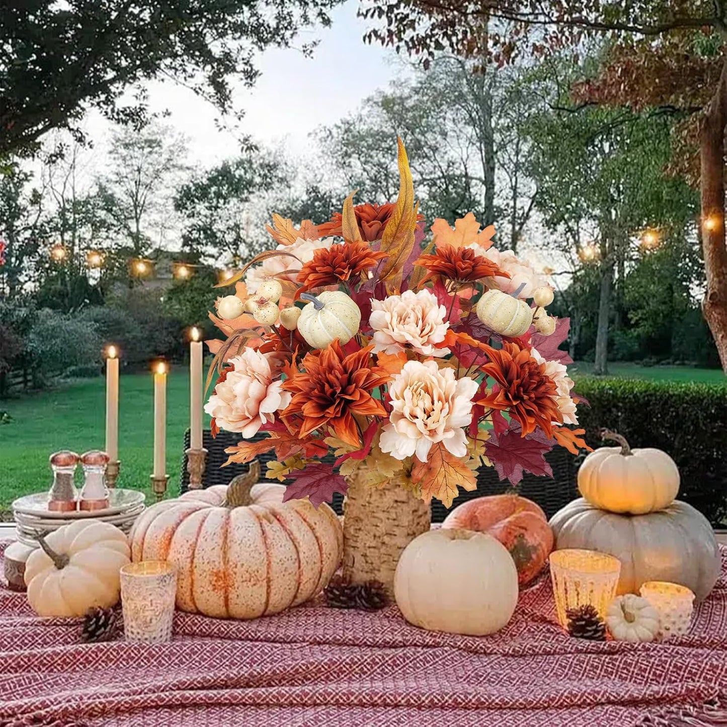 2 Bundles Fall Cemetery Flowers for Grave Fake Fall Flowers Mixed Bush Artificial Dahlia with Pumpkins Silk Floral Arrangement for Autumn Party Wedding Home Thanksgiving Decor (19.29")