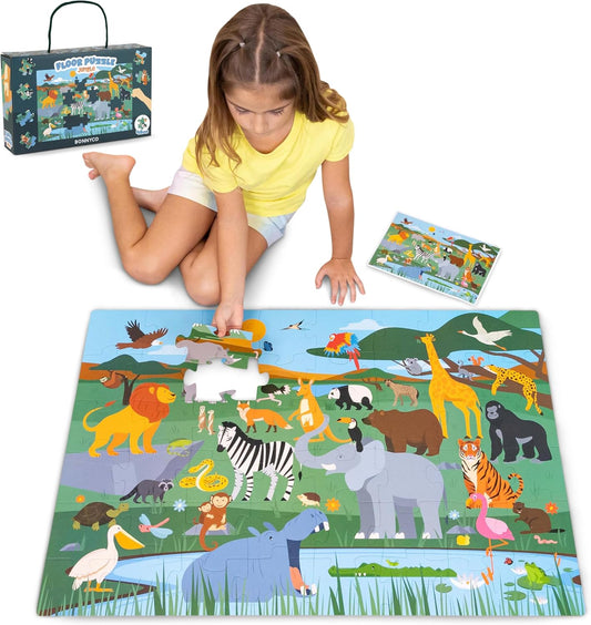 Giant Floor Puzzles for Kids 48 Pieces - BONNYCO | Jungle Animals Jumbo Floor Puzzle | Safari Large Piece Jigsaw Ages 2 3 4 5 6 7 8 | Educational Kids Toys, Gifts for Boys and Girls Birthday Christmas