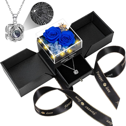 2 Preserved Real Rose with Heart I Love You Necklace- Eternal Rose Birthday Gifts for Women Wife Girlfriend Her Mom Grandma on Festivals Gifts Christmas Valentines Mothers Day Anniversary-Blue Rose