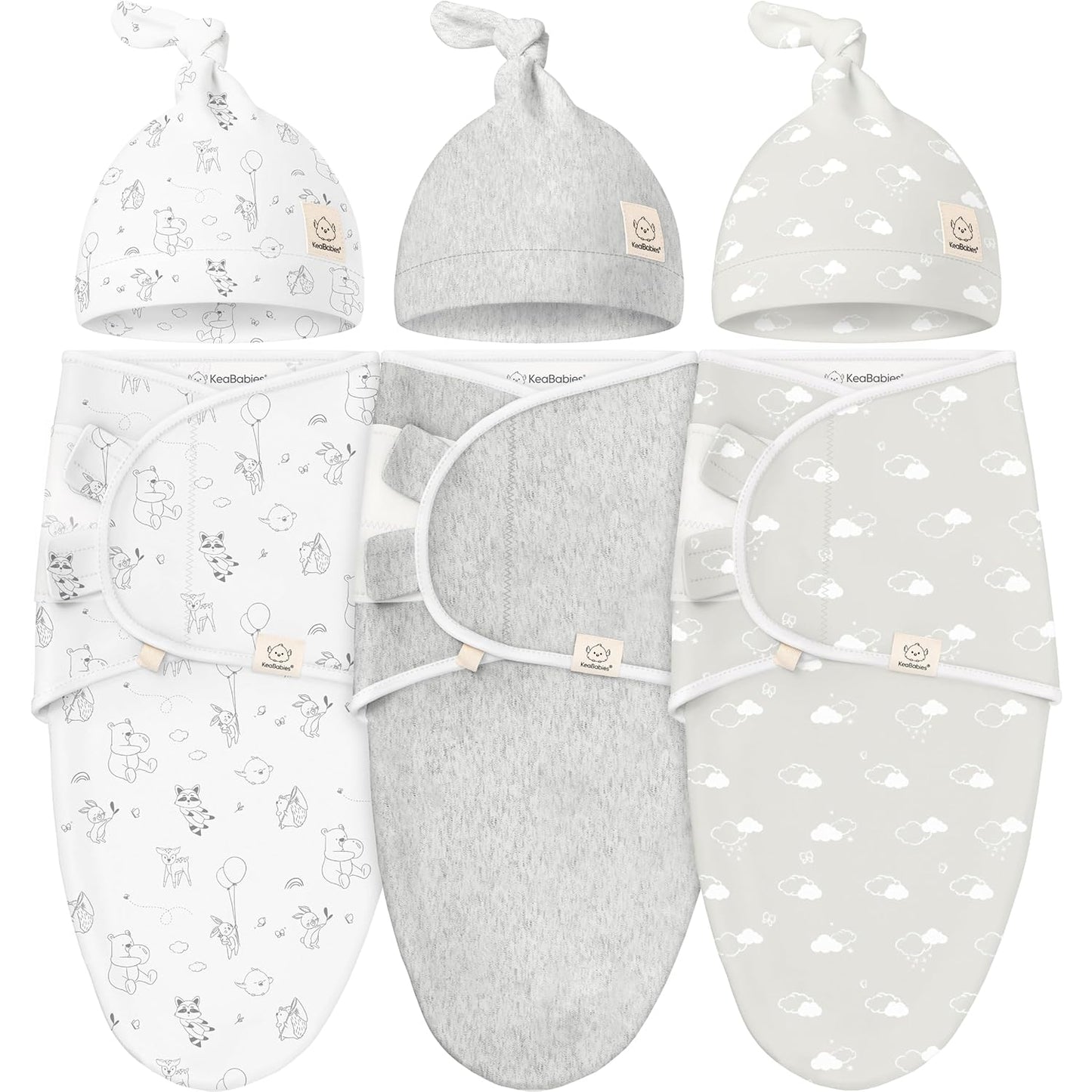KeaBabies 3-Pack Swaddles for Newborns, Girls, Boys with Hats - Organic Soft Baby Sleep Sacks, Breathable Baby Swaddle 3-6 Months Beanies Set, Premie Infant Sleep Sack 0-3 Months (Aspire)