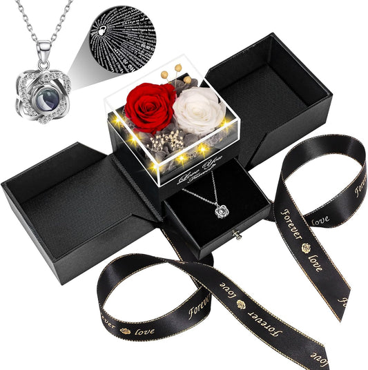 2 Preserved Real Rose with Heart I Love You Necklace- Eternal Rose Birthday Gifts for Women Wife Girlfriend Her Mom Grandma on Festivals Gifts Christmas Valentines Mothers Day Anniversary-Red White