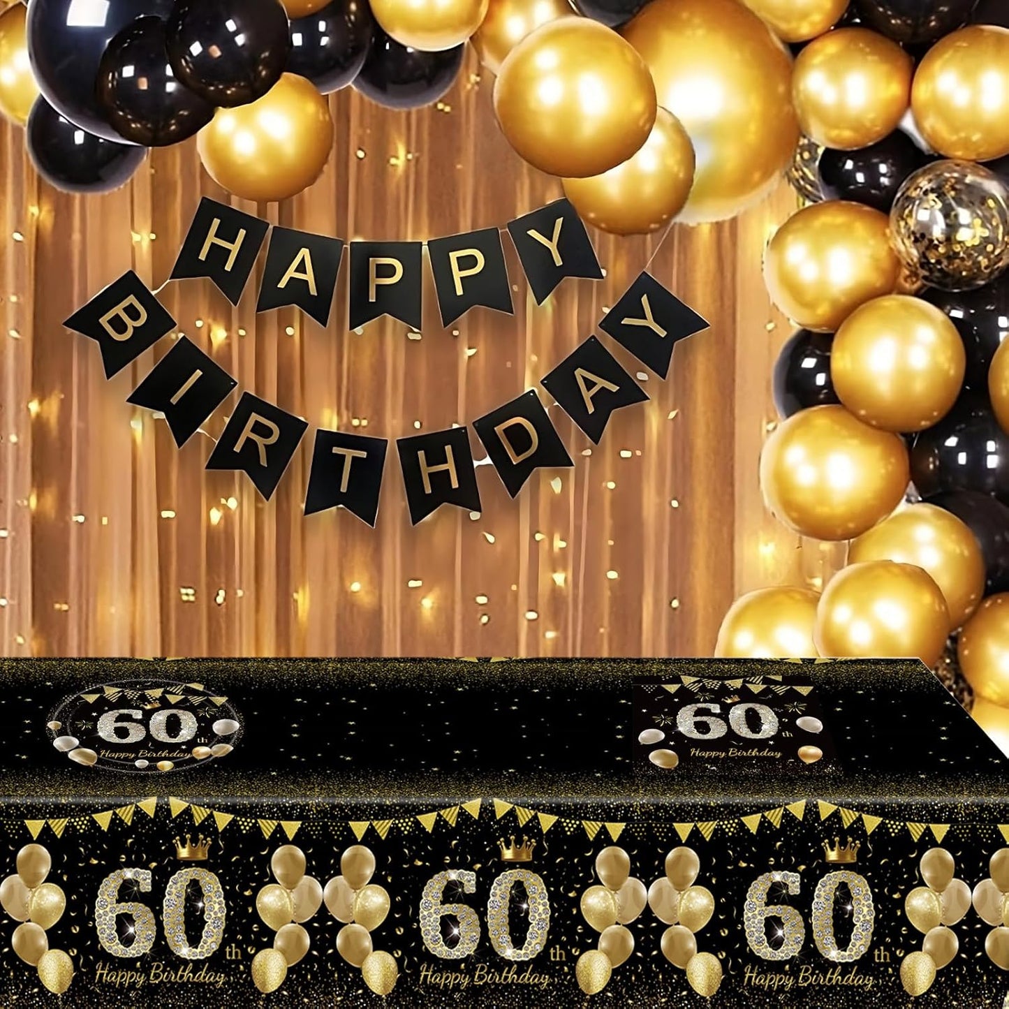 41Pcs 60th Birthday Decorations for Men Women, Black Gold 60 Year Old Birthday Party Supplies Include 20 Plates 20 Napkins and 1 Tablecloth, Black Gold 60 Aged Birth Party Tableware