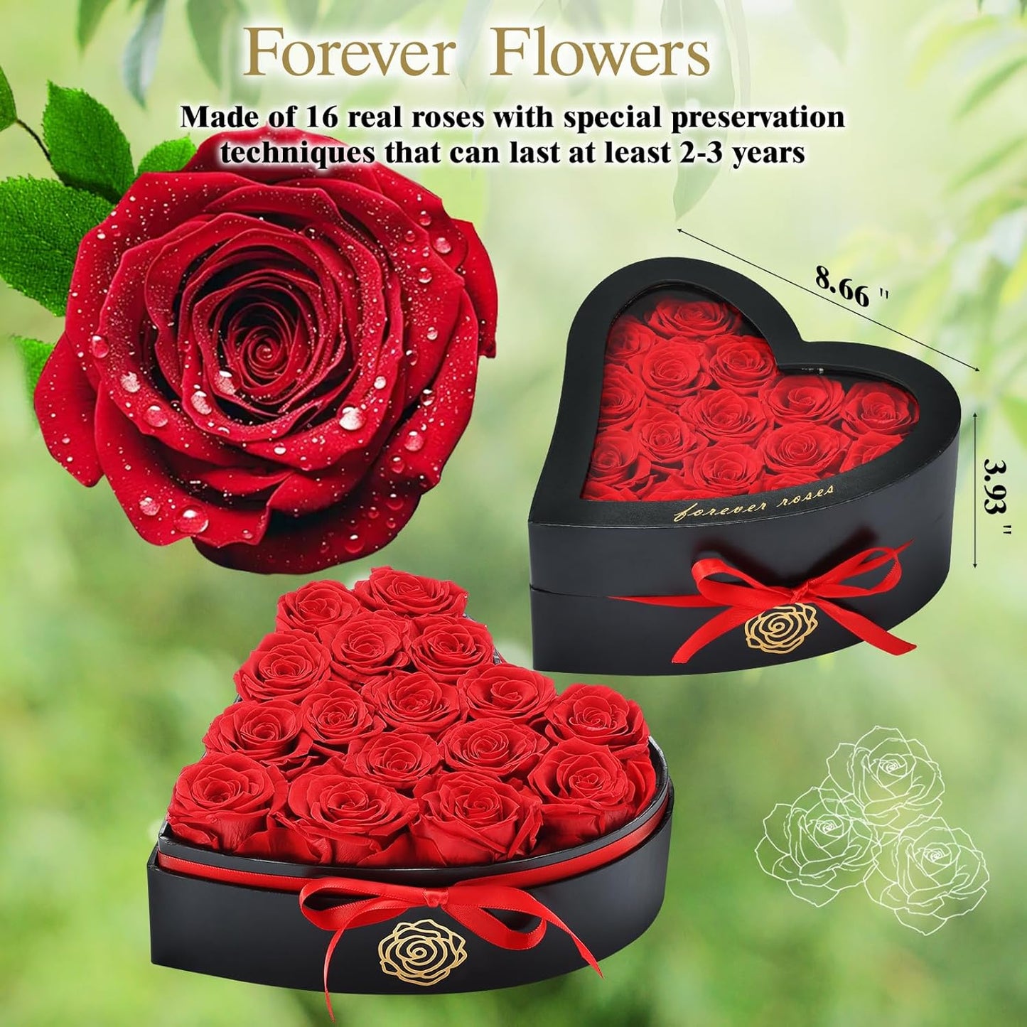 16 Forever Flowers in Heart Shaped Box - Preserved Roses Romantic Gifts for Her, Valentine’s Day, Anniversary, Wedding (Red)