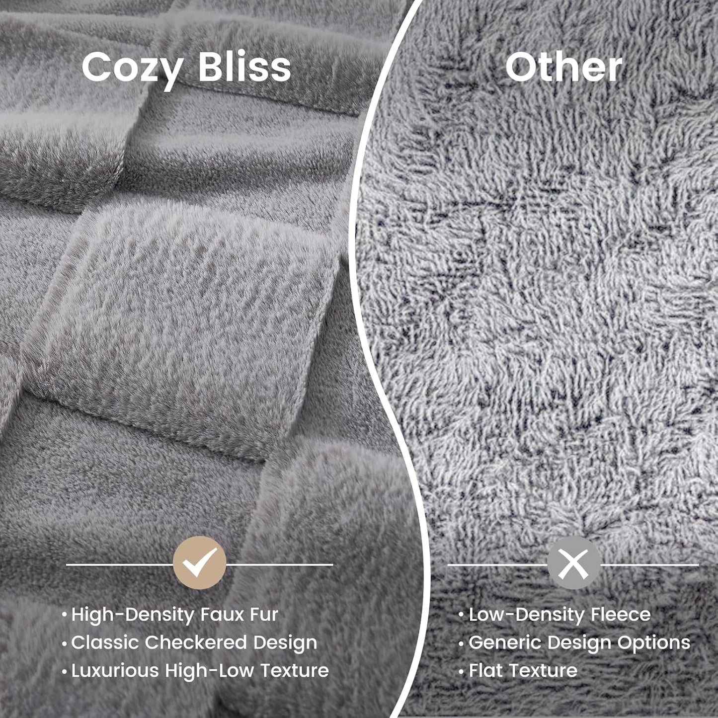 Cozy Bliss Checkered White Faux Rabbit Fur Throw Blanket, Soft Fuzzy Fluffy Minky Cream Furry Blankets for Couch, Bed (Grey, Queen(90" x 90"))