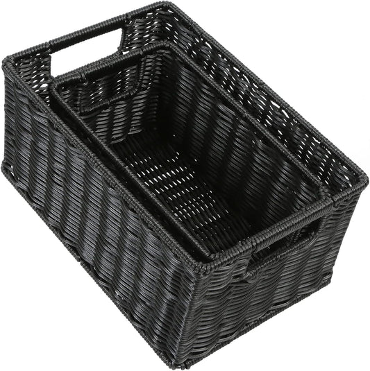 HOONEX Wicker Baskets for Storage, Plastic Baskets for Organizing with Dual Handles, Woven Baskets for Storage, Set of 2, Black