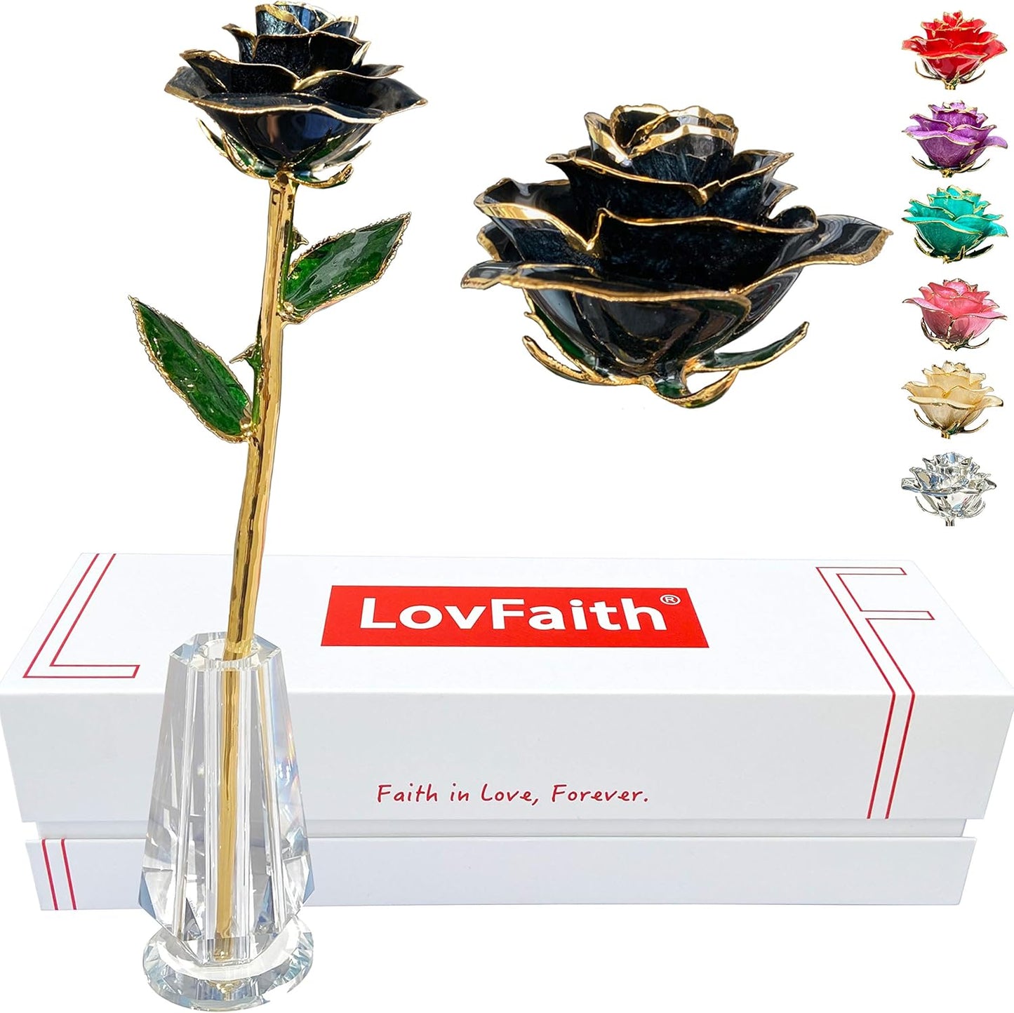 Valentine Gift Real Rose Dipped 24K Gold with Crystal Stand, Best Anniversary Rose Gift for Her Wife Mother Birthday Christmas (C81. Black -Thick Gold Blooming)