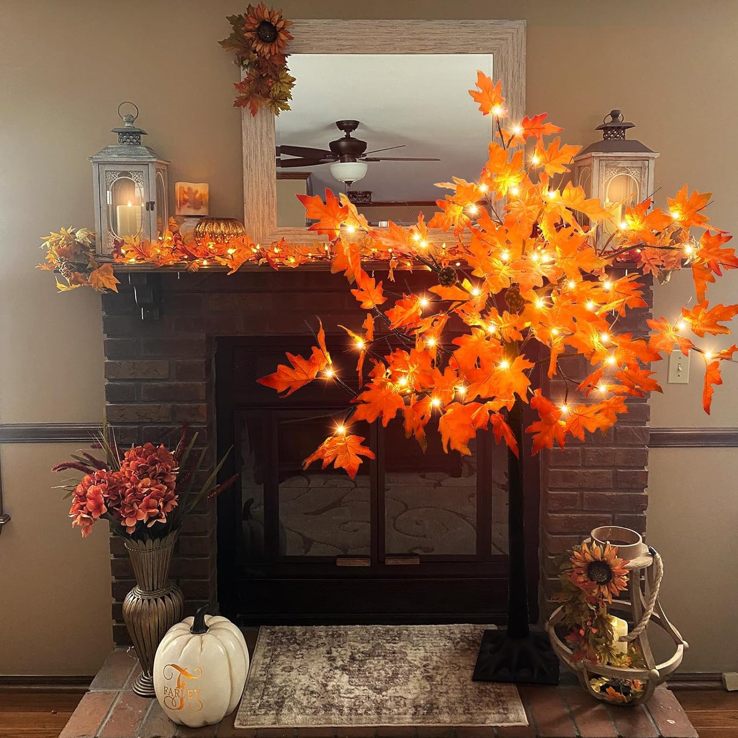 4FT Prelit Maple Tree Artificial Fall Tree with Acorn Pine Cone 56 LED Autumn Lighted Tree for Thanksgiving Harvest Wedding Party Home Indoor Outdoor Decor