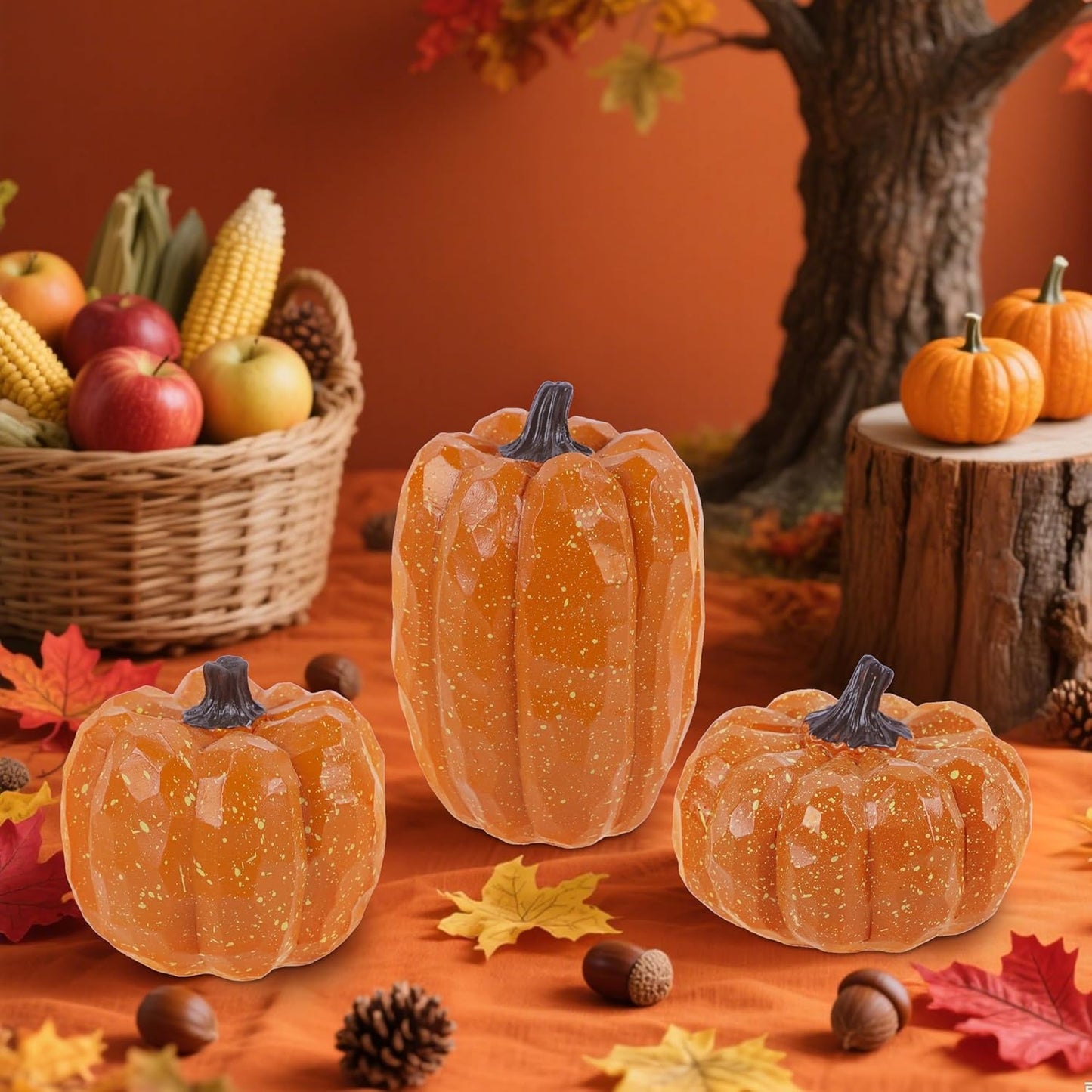 winemana Pumpkins Fall Decor Set of 3 - Artificial Resin Thanksgiving Table Centerpiece for Home Mantel Porch Office & Farmhouse, Decorative Elegant Pumpkin Autumn Harvest Decorations (Orange)