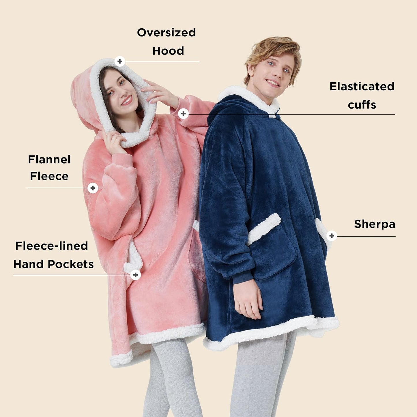 Bedsure Blanket Hoodie, Wearable Blanket for Adults & Kids as Gifts for Women Men, Birthday Gifts for Women Mom Girl Sherpa Oversized Hoodie, Navy, Kids