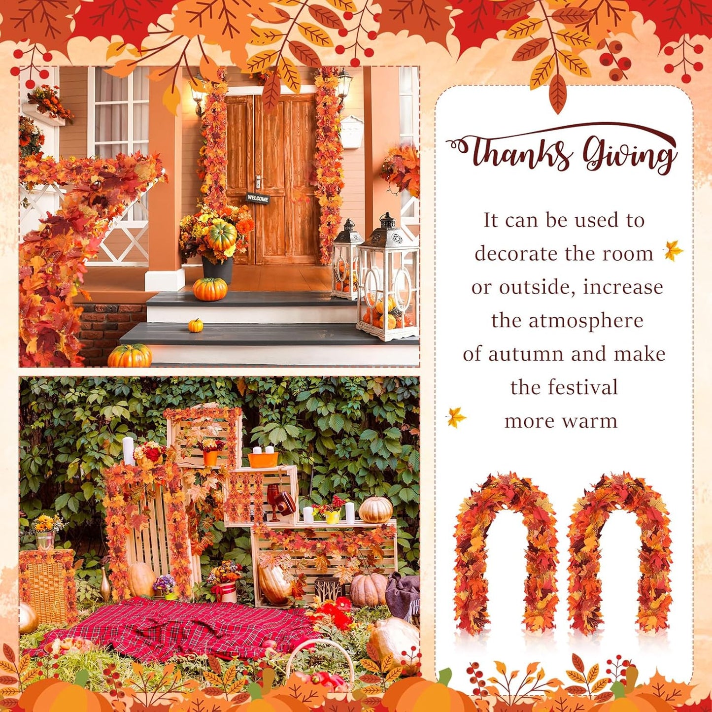 Retrowavy 20 Pack Fall Leaves Garland Bulk 5.6ft Artificial Maple Leaf Garland Christmas Faux Autumn Garland Vine Fake Hanging Table Decoration for Fireplace Thanksgiving Party Outdoor(Orange, Orange)