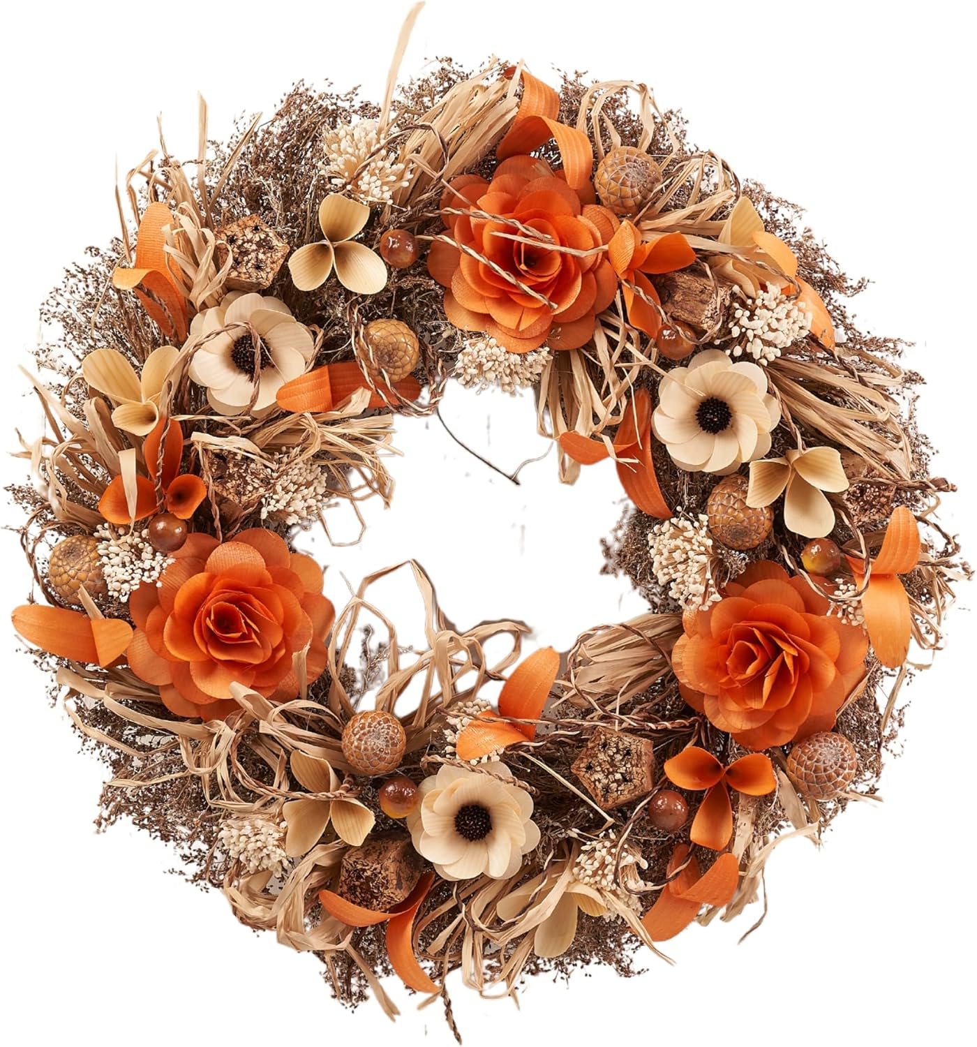 22" Fall Harvest Wood Curl Floral Wreath - Premium Handcraft Fall Wreaths for Front Door | Perfect for Autumn & Thanksgiving Decor