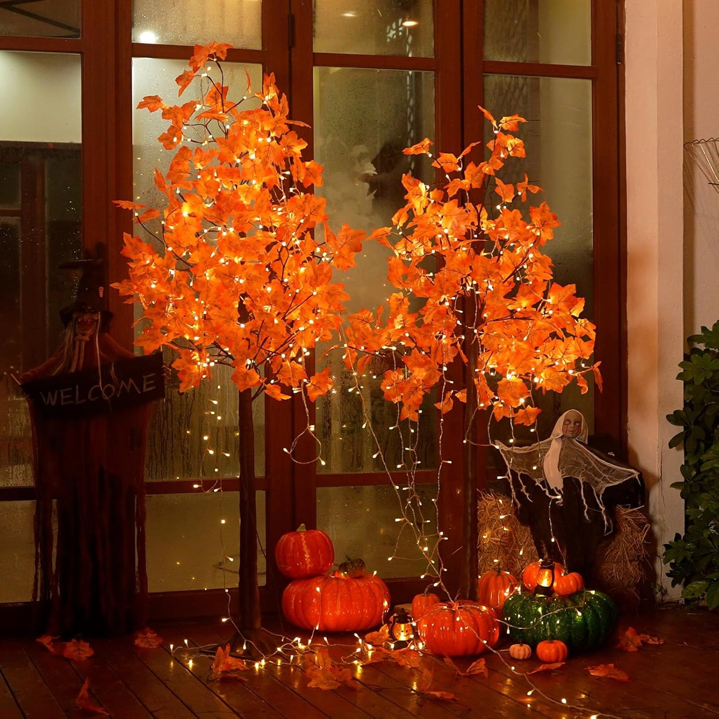 Set of 2 Artificial Lighted Maple Tree (5FT 96LED & 6FT 120LED) Fall Tree with Warm White Lights and Maple Leaves for Thanksgiving, Christmas, Autumn Harvest Outdoor Indoor Home Decorations
