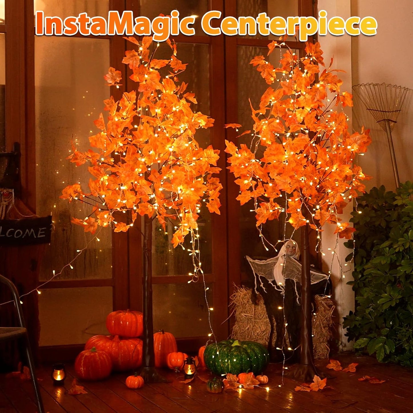 6FT Artificial Lighted Maple Tree, 120LED Fall Tree with Warm White Lights and Maple Leaves for Halloween, Thanksgiving, Autumn Harvest Outdoor Indoor Home Decor, Orange