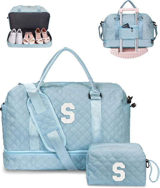 Gifts for Granddaughter-Initial Duffle Bag with Shoe Compartment, Personalized Weekender Bag, Monogram Overnight Bag, Letter Travel Bag with Makeup Bag,Daughter Friend Gifts (Letter S)
