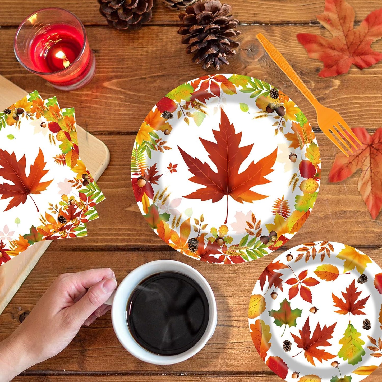 Fall Party Supplies - 96 Pcs Autumn Maple Leaf Disposable Tableware Set with Paper Plates, Napkins, Forks for Thanksgiving Harvest Party Decorations