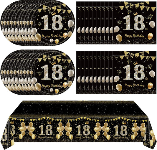 41Pcs 18th Birthday Decorations for Boy Girls, Black Gold 18 Year Old Happy Birthday Girl Decorations include Plates Napkins Tablecloth for Official Teenager 18th Birth Party
