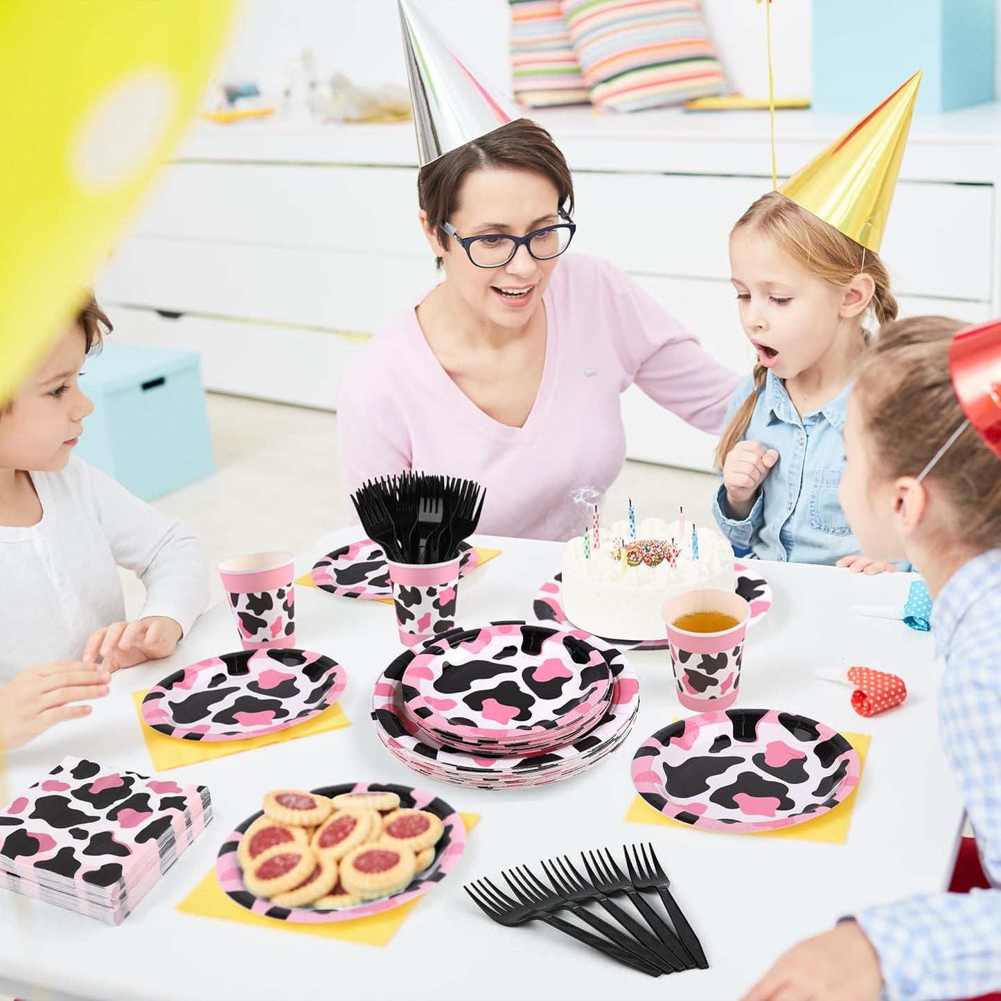 144 Pieces Pink Cow Print Party Tableware Sets Including Disposable Plates Napkins Cups Forks Serves 24 for Cow Theme Farm Animal Party Supplies