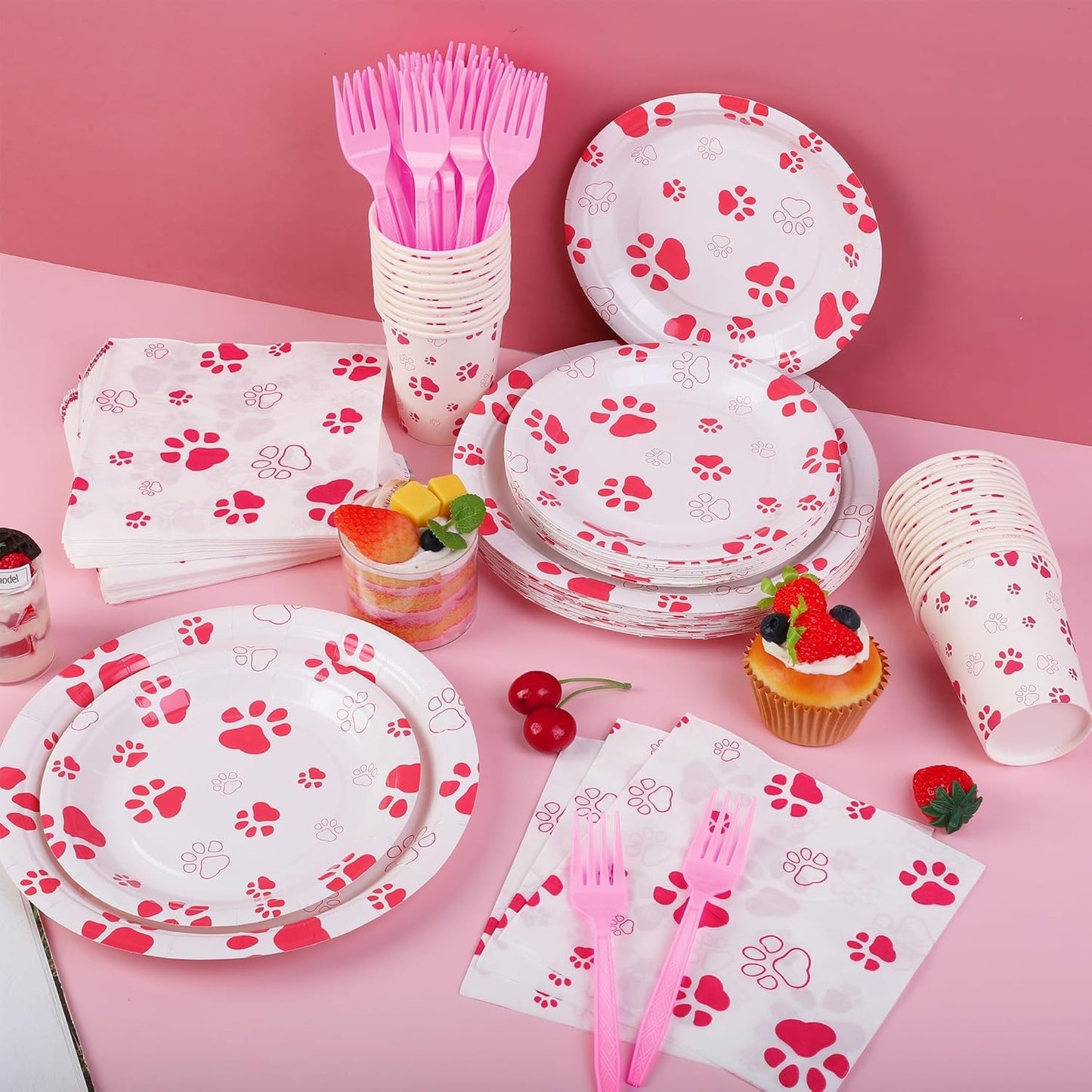 144 Pieces Pink Paw Print Party Tableware Sets Including Disposable Plates Napkins Cups Forks Serves 24 for Dog Puppy Theme Party Supplies