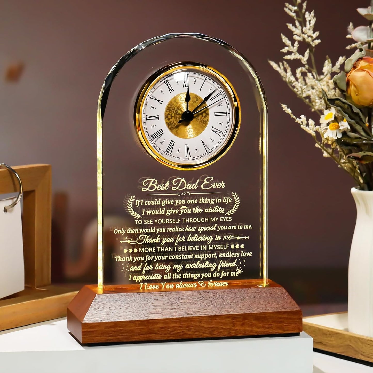 Glass Clock Gifts for Dad From Son Daughter with Wooden Light Base, Personalized I Love You Gift for Dad Who Has Everything on Birthday Father's Day, Presents for Daddy on Christmas Home Desk Clock