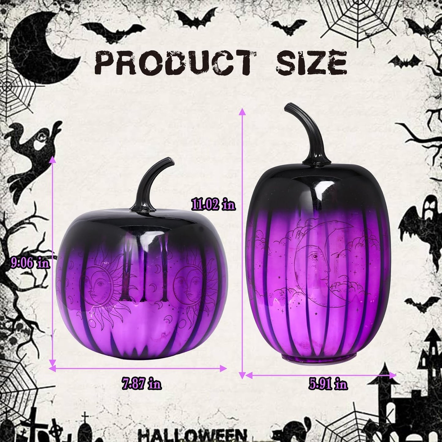 Bdor Halloween Purple Glass Pumpkin Lights Set of 2 – Witchy LED Lighted Pumpkins with Moon & Sun Designs – Spooky Fall Decor for Tabletop, Mantel, or Party Centerpiece