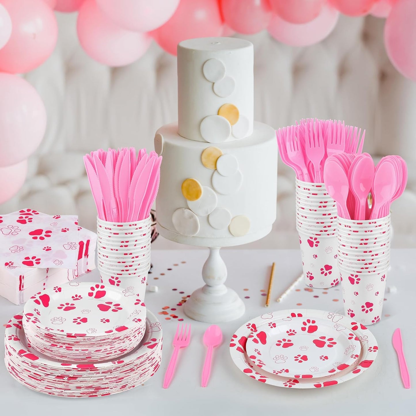 400 Pieces Pink Paw Disposable Party Tableware Sets Dog Puppy Supplies Including Plates Cups Napkins Cutlery Serves 50 for Birthday Puppy Theme Party Decorations