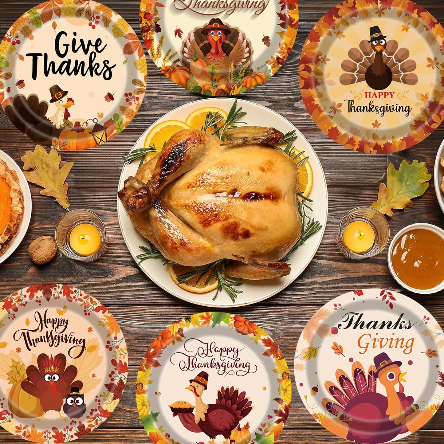 Thanksgiving Turkey Plates 60Pcs 9 Inch Fall Paper Plates With Autumn Maple Leaves Pumpkins for Turkey Party Decoration Supplies