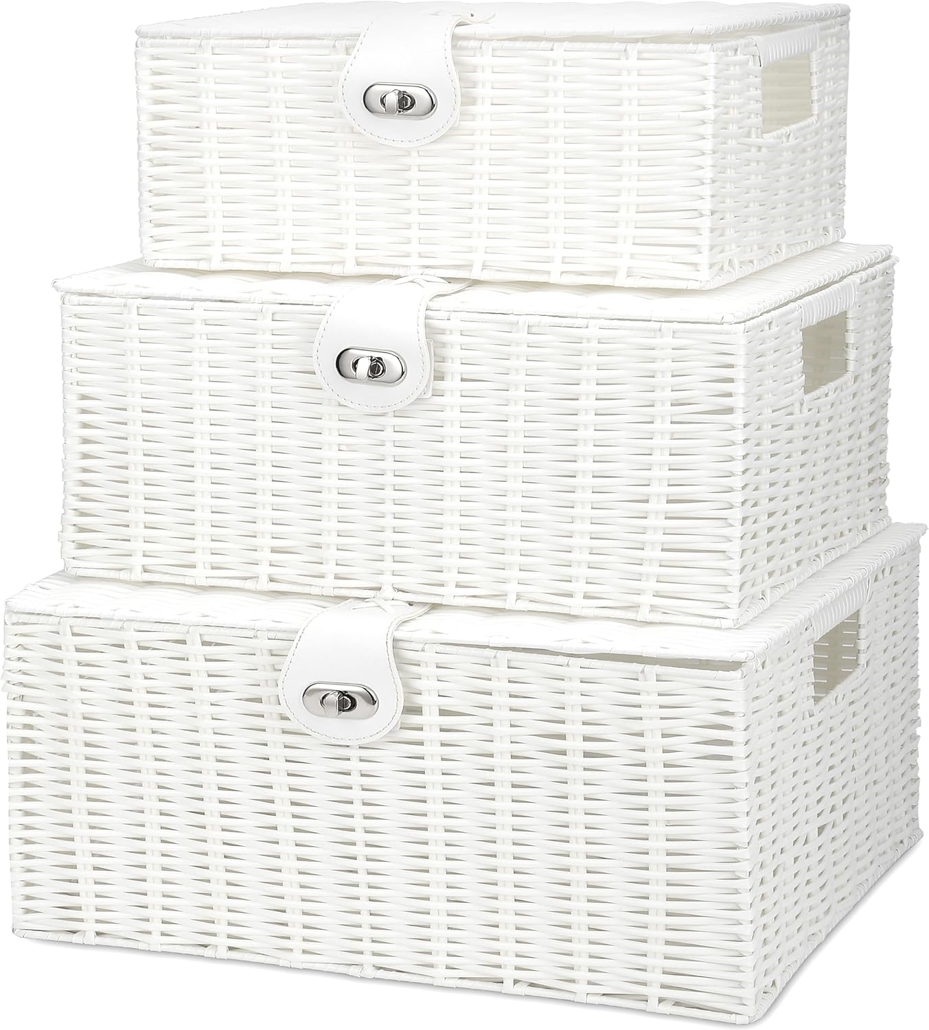 Honygebia White Wicker Storage Baskets - Set of 3 Decorative Nesting Boxes with Lids, Woven Basket with Lock & Handle, Organizer for Beauty Makeup Bathroom Decor