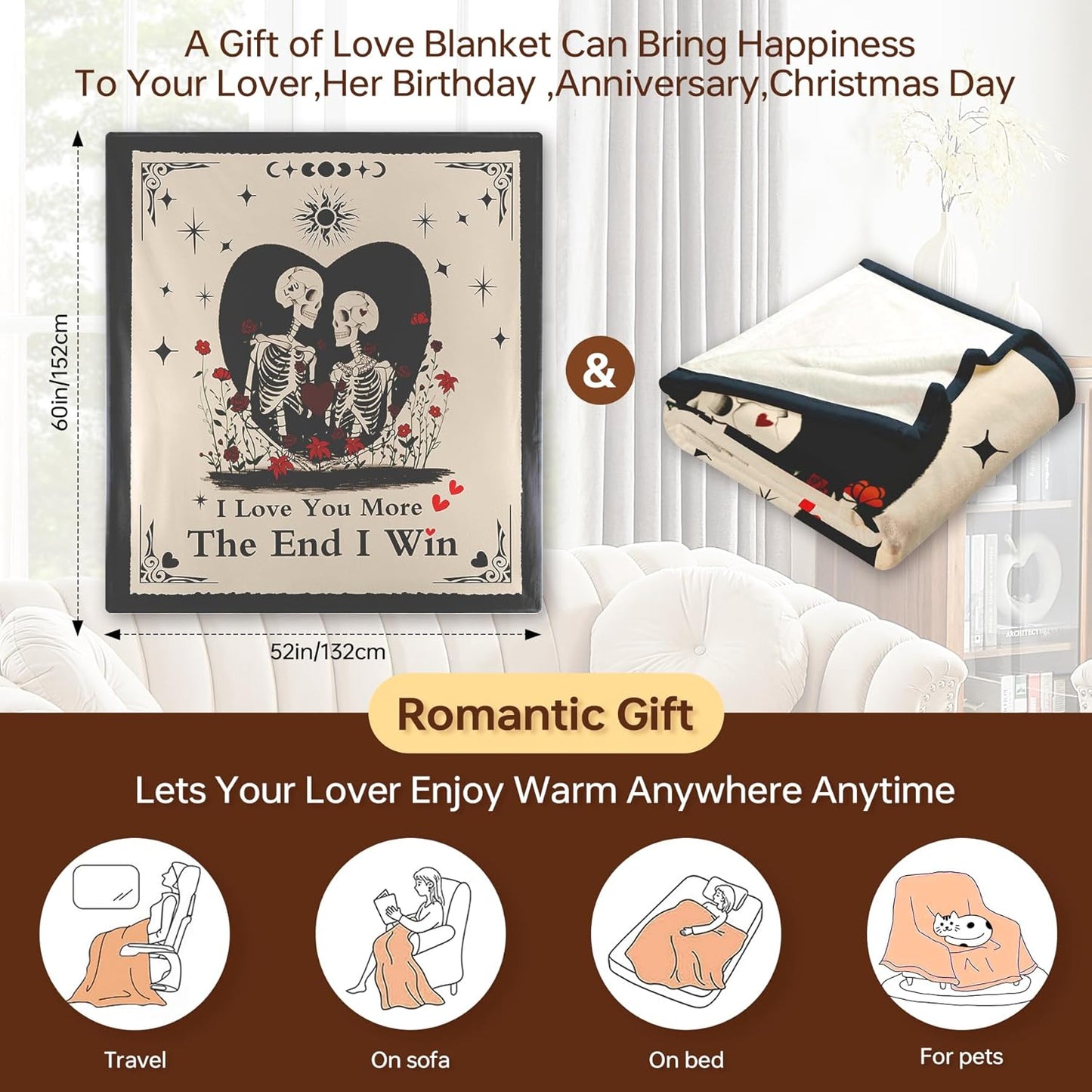 Couple Gifts Blanket for Her Him,Skull Love Throw Blanket for Boyfriend Girlfriend,I Love You More Anniversary Wedding Birthday Gift for Husband Wife 60"X50",Halloween Skeleton Decor Present