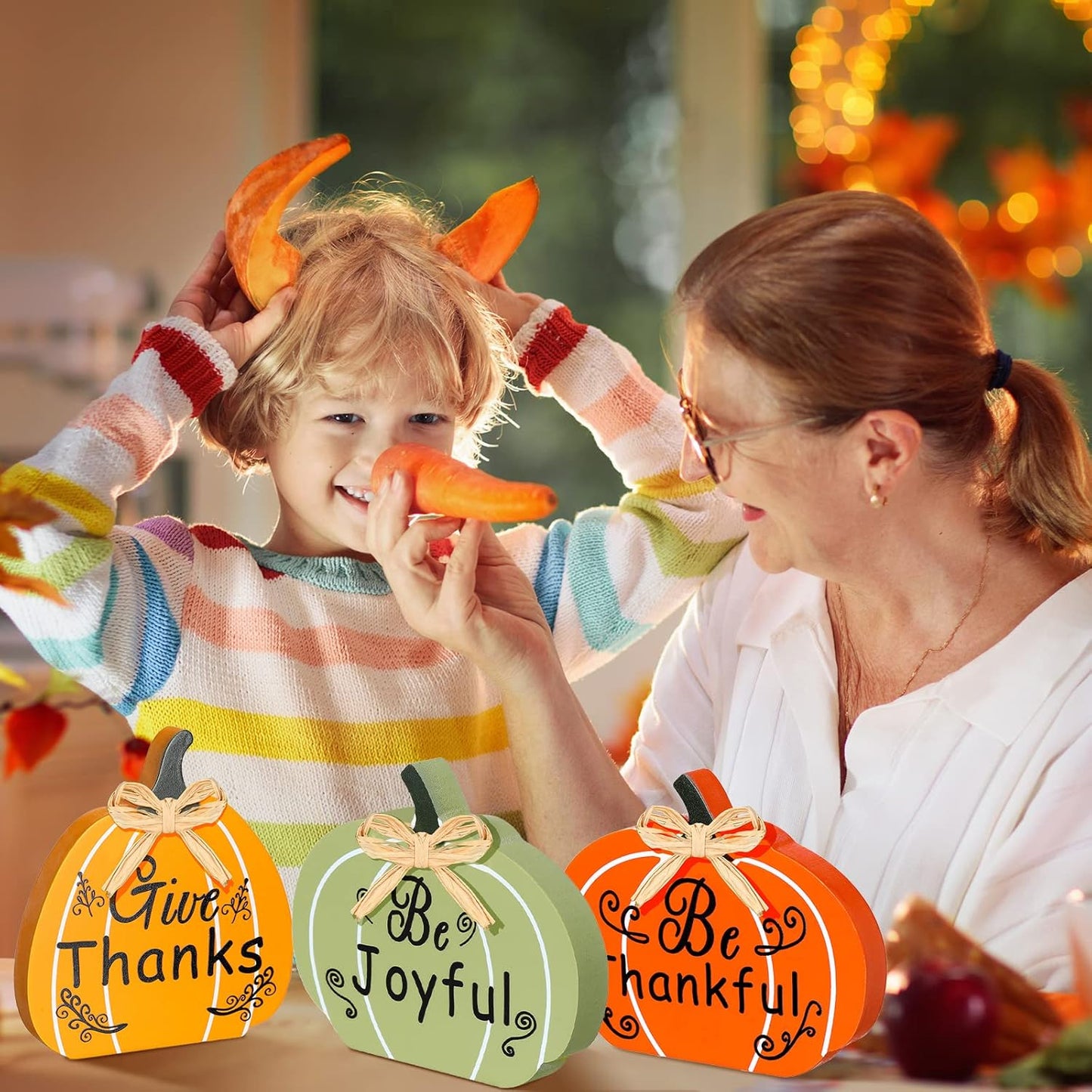 Gerrii 3 Pcs Fall Wooden Pumpkin Sign Fall Thankful Joyful Thanks Pumpkin Tiered Tray Decor Table Signs Harvest Thanksgiving Wood Block Sign for Home Party Halloween Decorations(Orange, Green, Yellow)