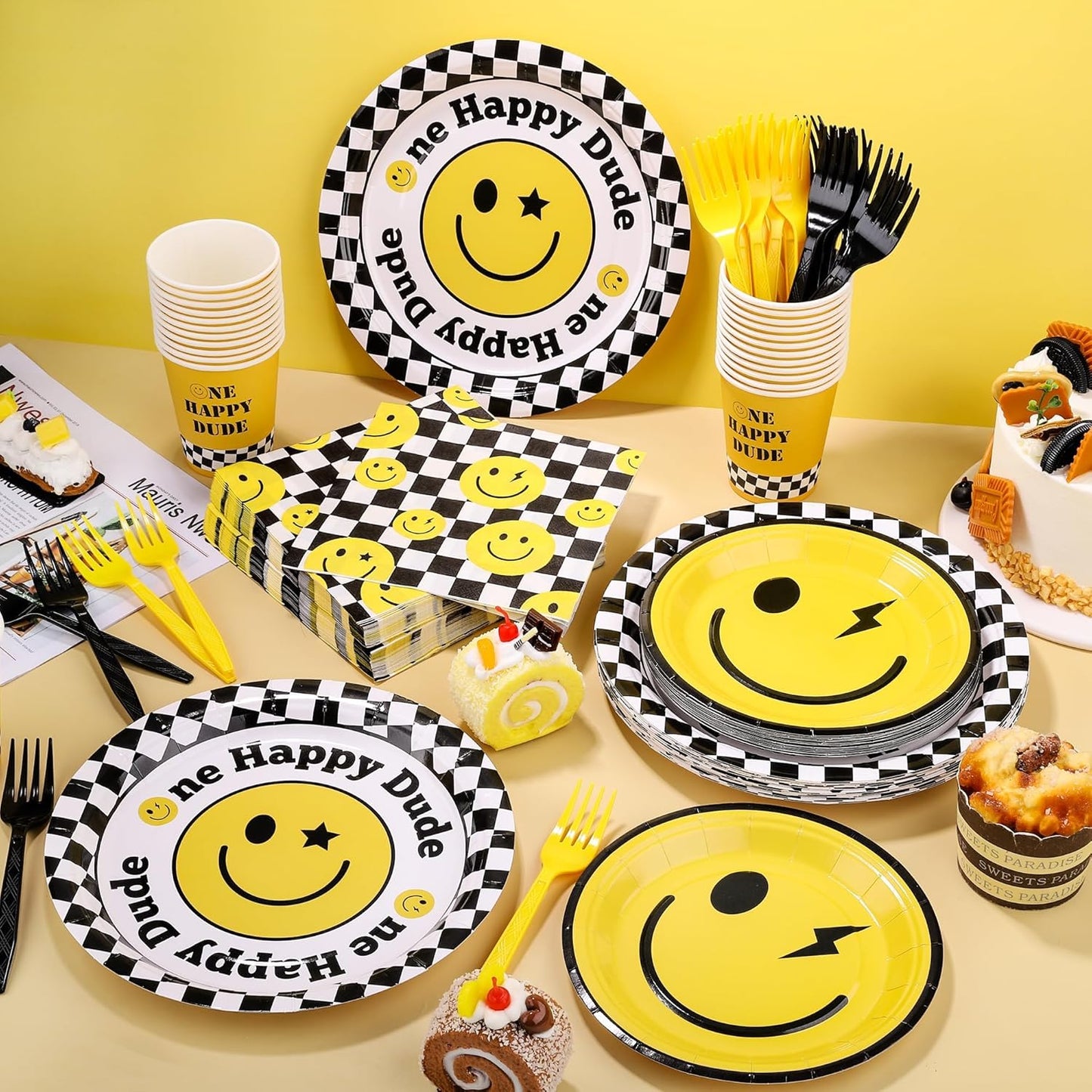 144 Pieces One Happy Dude Party Tableware Sets including Disposable Plates Napkins Cups Forks Serves 24 for Smiley Face 1st Birthday Preppy Party Decorations