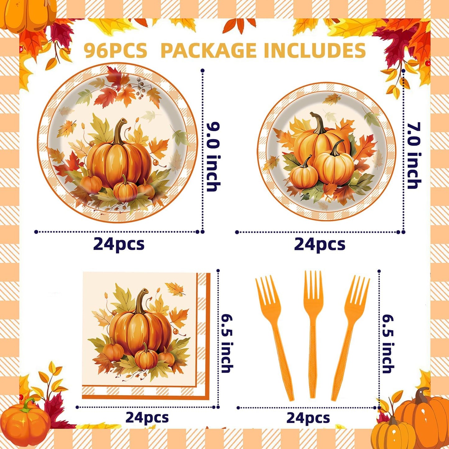 Fall Party Supplies - 96 Pcs Disposable Tableware Set with Paper Plates, Napkins, Forks, Pumpkin, Autumn, Maple Leaf Pattern for Thanksgiving Harvest Party Decorations
