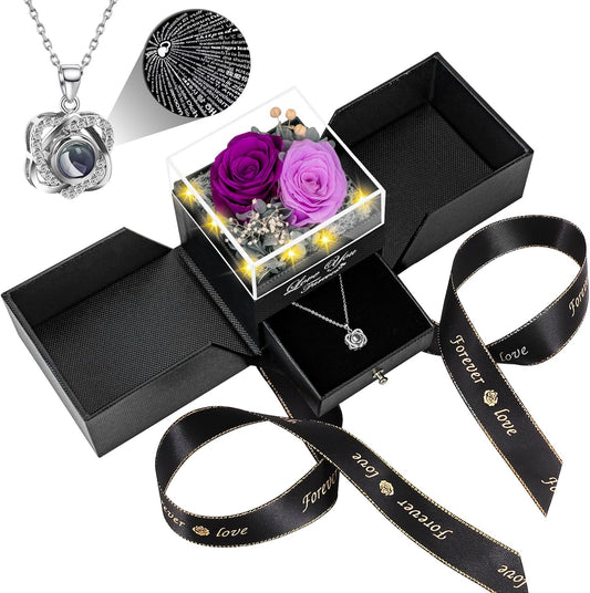 2 Preserved Real Rose with Heart I Love You Necklace- Eternal Rose Birthday Gifts for Women Wife Girlfriend Her Mom on Festivals Gifts Christmas Valentines Mothers Day Anniversary-2 Colour Purple